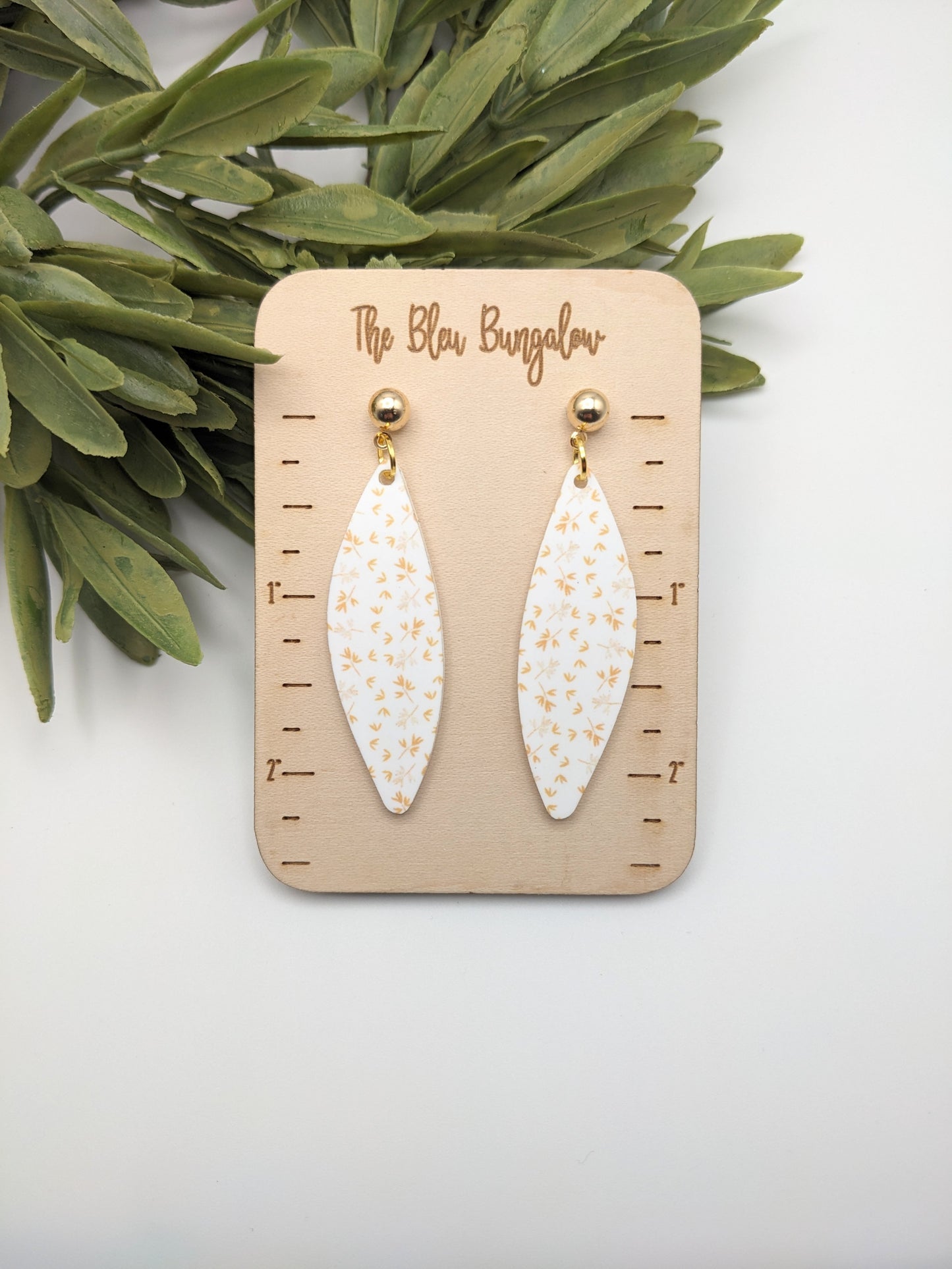 Vintage White and Yellow Floral Print Long Earrings