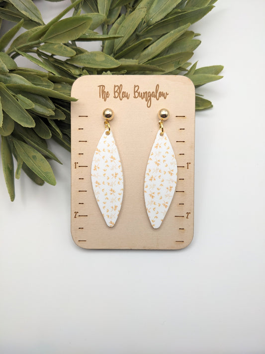 Vintage White and Yellow Floral Print Long Earrings