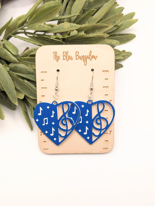 Blue and White Clef + Music Heart-Shaped Earrings