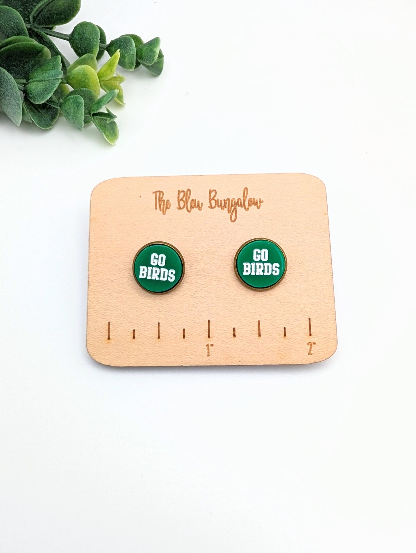 Go Birds Green and White Stud Earrings