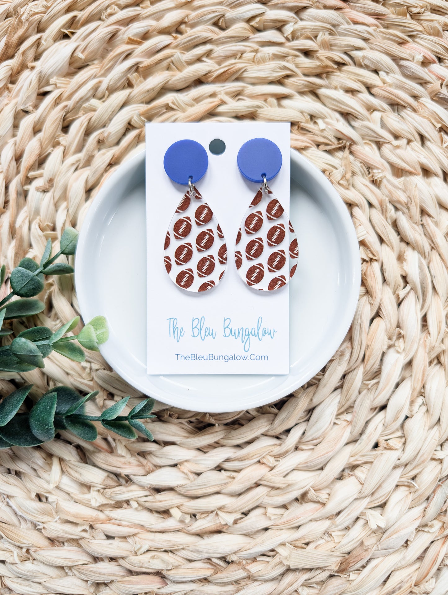 Football Print On Clear Earrings With Blue Stud Topper