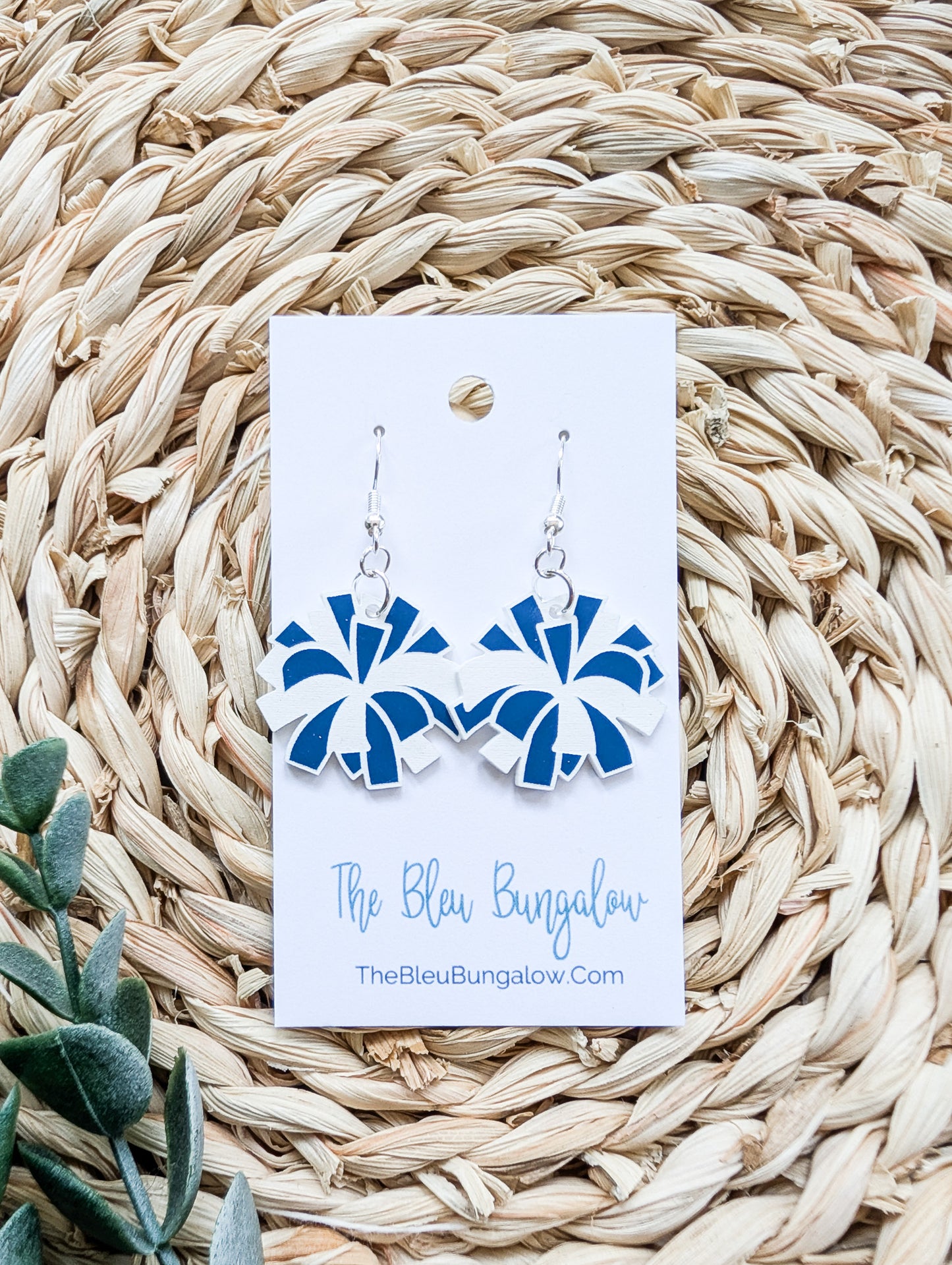 Blue and White Pom Pom Dangle Earrings