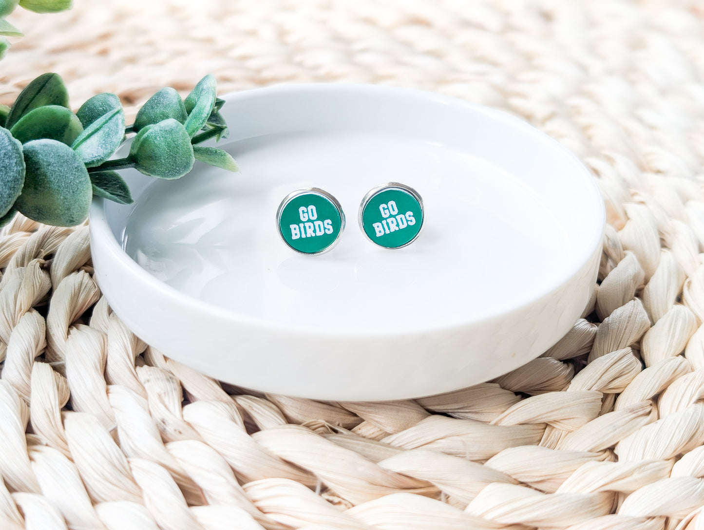 Go Birds Green and White Stud Earrings
