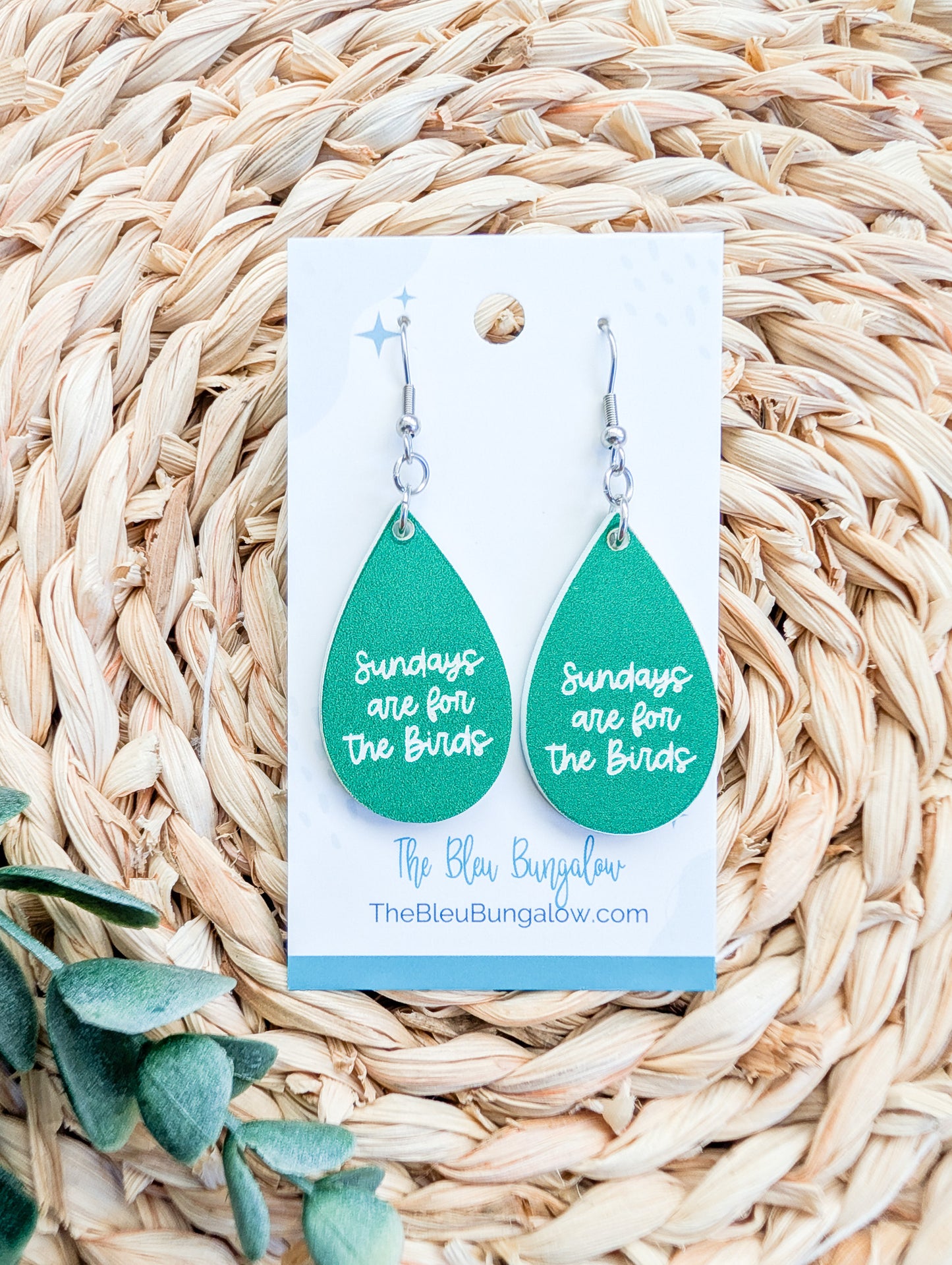 Sundays Are for the Birds Engraved Green and White Acrylic Teardrop Earrings