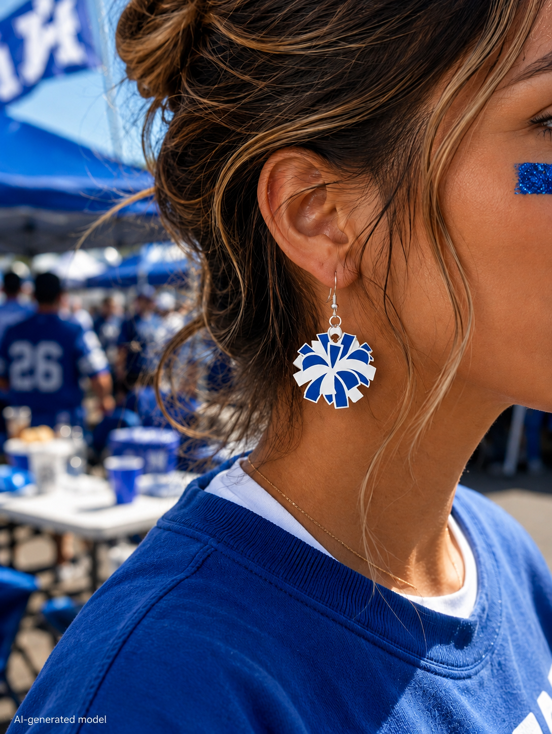 Blue and White Pom Pom Dangle Earrings