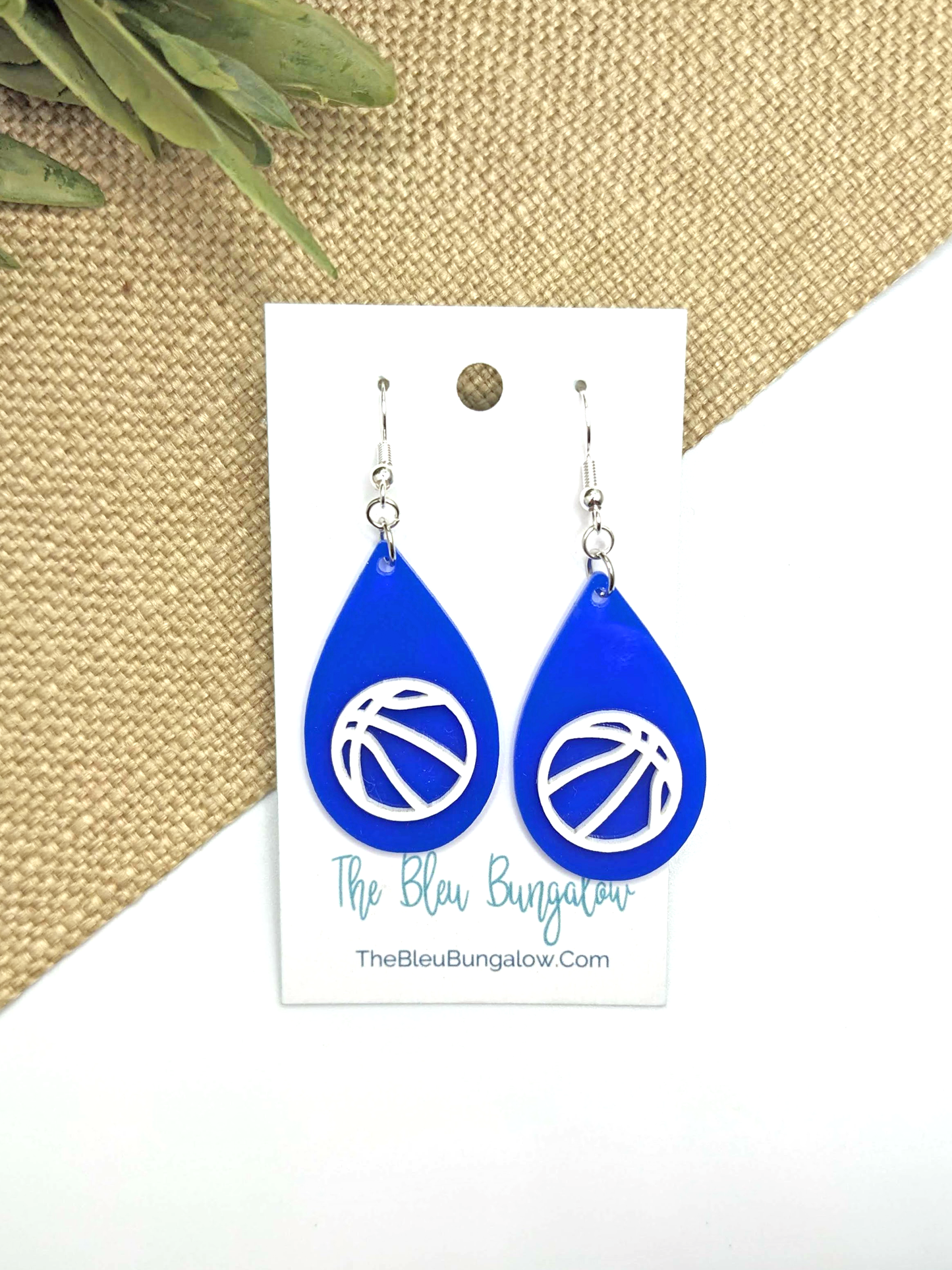Blue and White Layered Basketball Teardrop Earrings