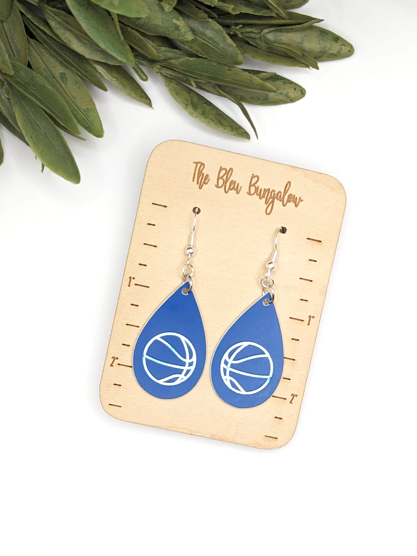 Blue and White Engraved Basketball Teardrop Earrings