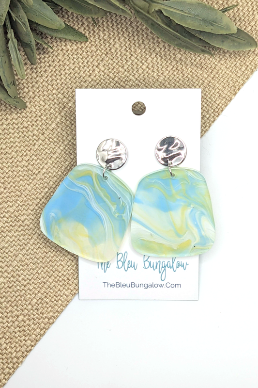 Yellow and Blue Marble Dangles with Silver Accent