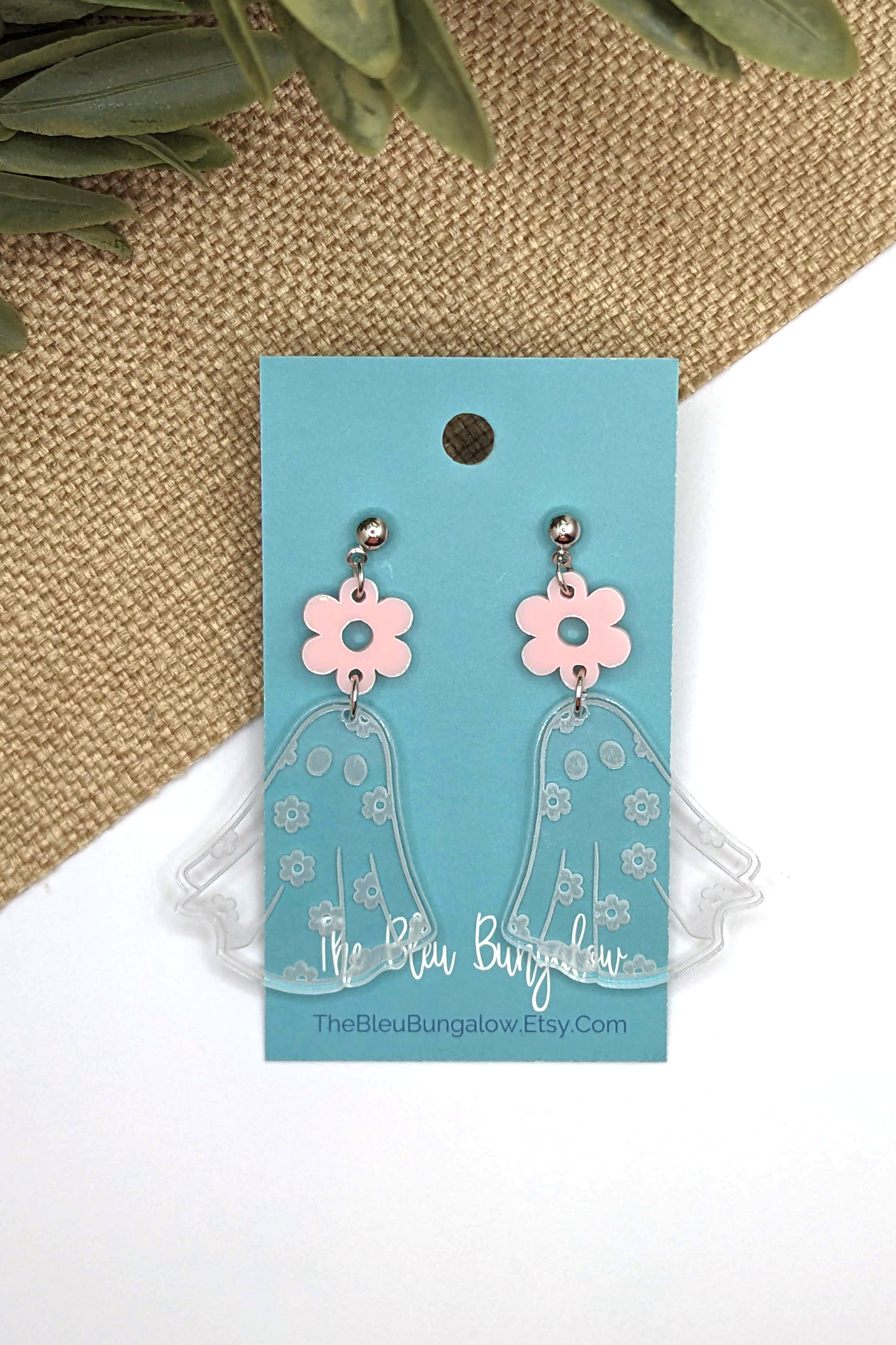 Clear Floral Ghost Dangles with Pink Flower Accent