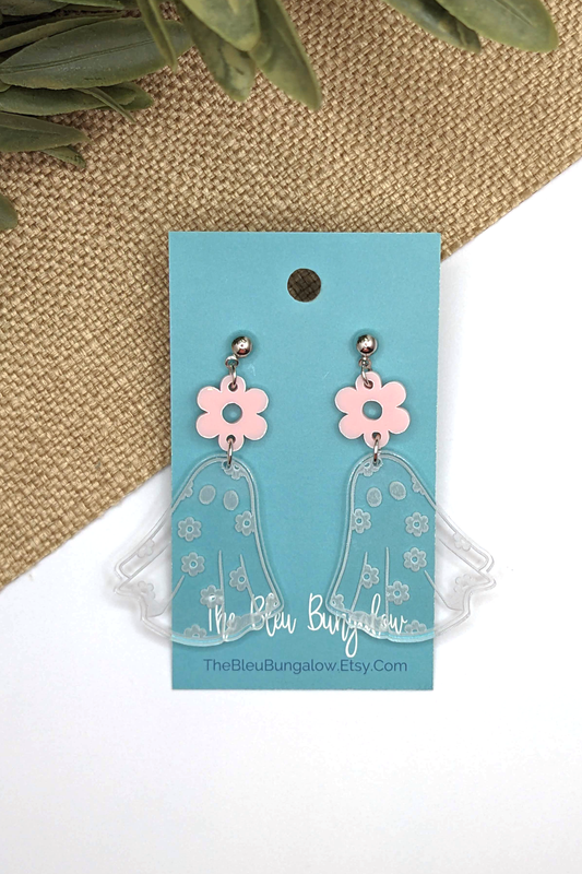 Clear Floral Ghost Dangles with Pink Flower Accent