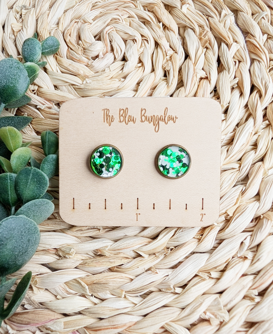 Green and White Glitter Splatter Stud Earrings
