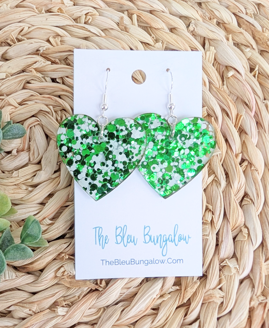 Green and White Glitter Splatter Heart Earrings