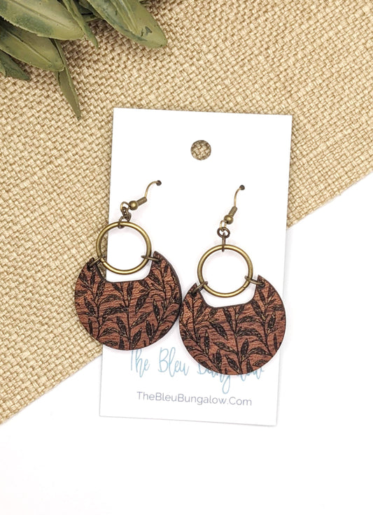 Engraved Leaf Earring with Brass Hoop Accent