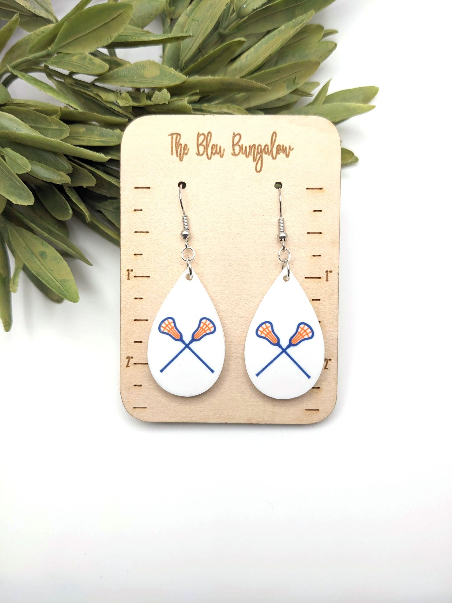 Blue and Orange Lacrosse Stick Acrylic Teardrop Earrings