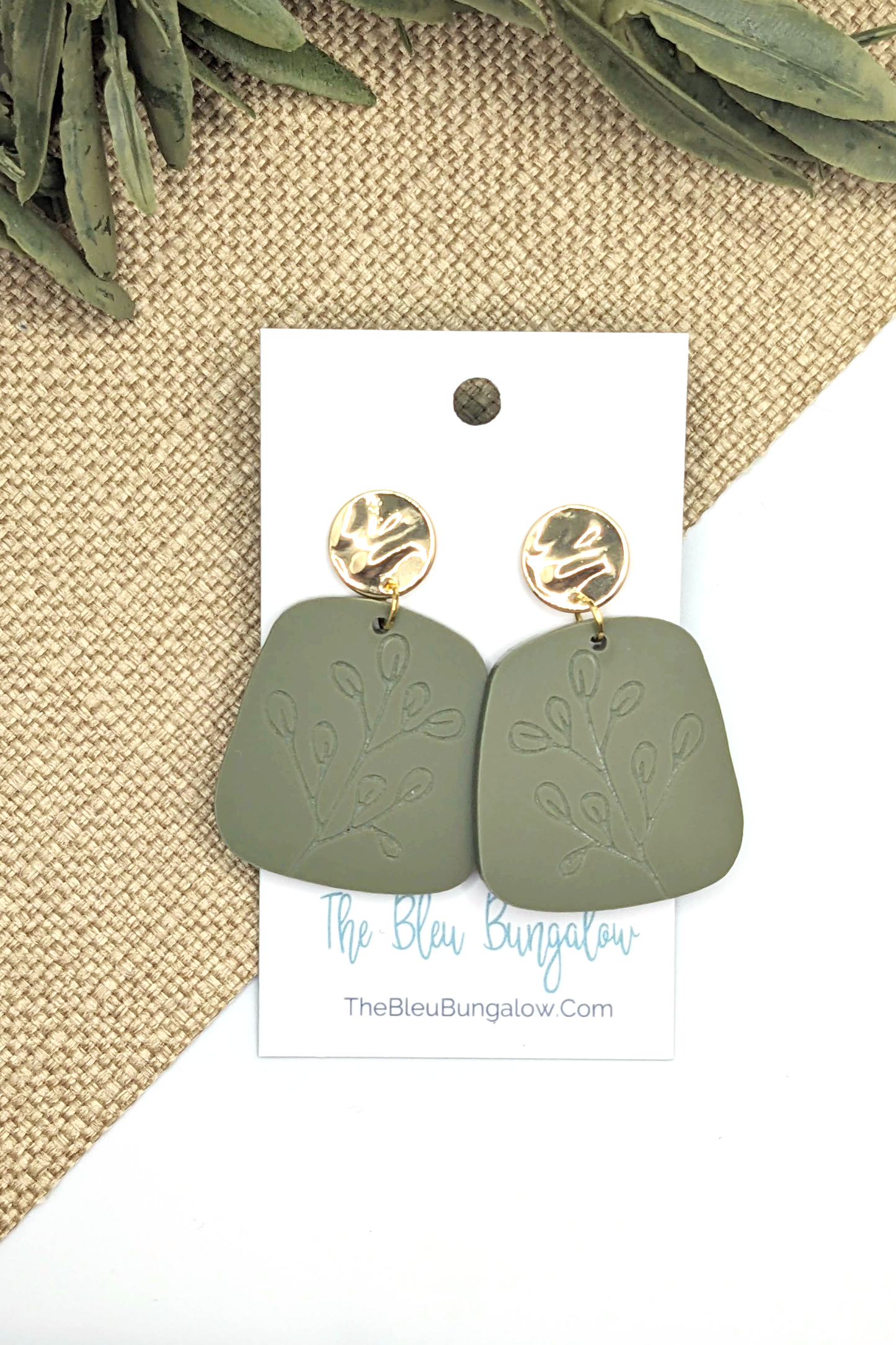 Olive and Brass Acrylic Earrings with Engraved Leaf Design