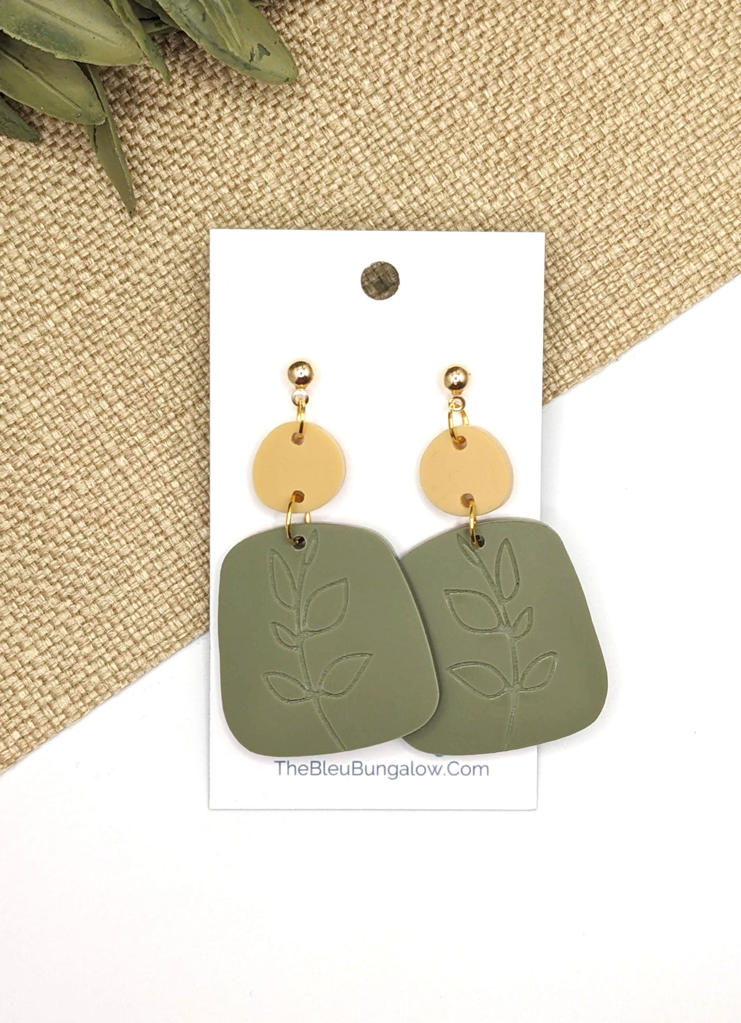 Olive and Mustard Acrylic Earrings with Engraved Leaf Design