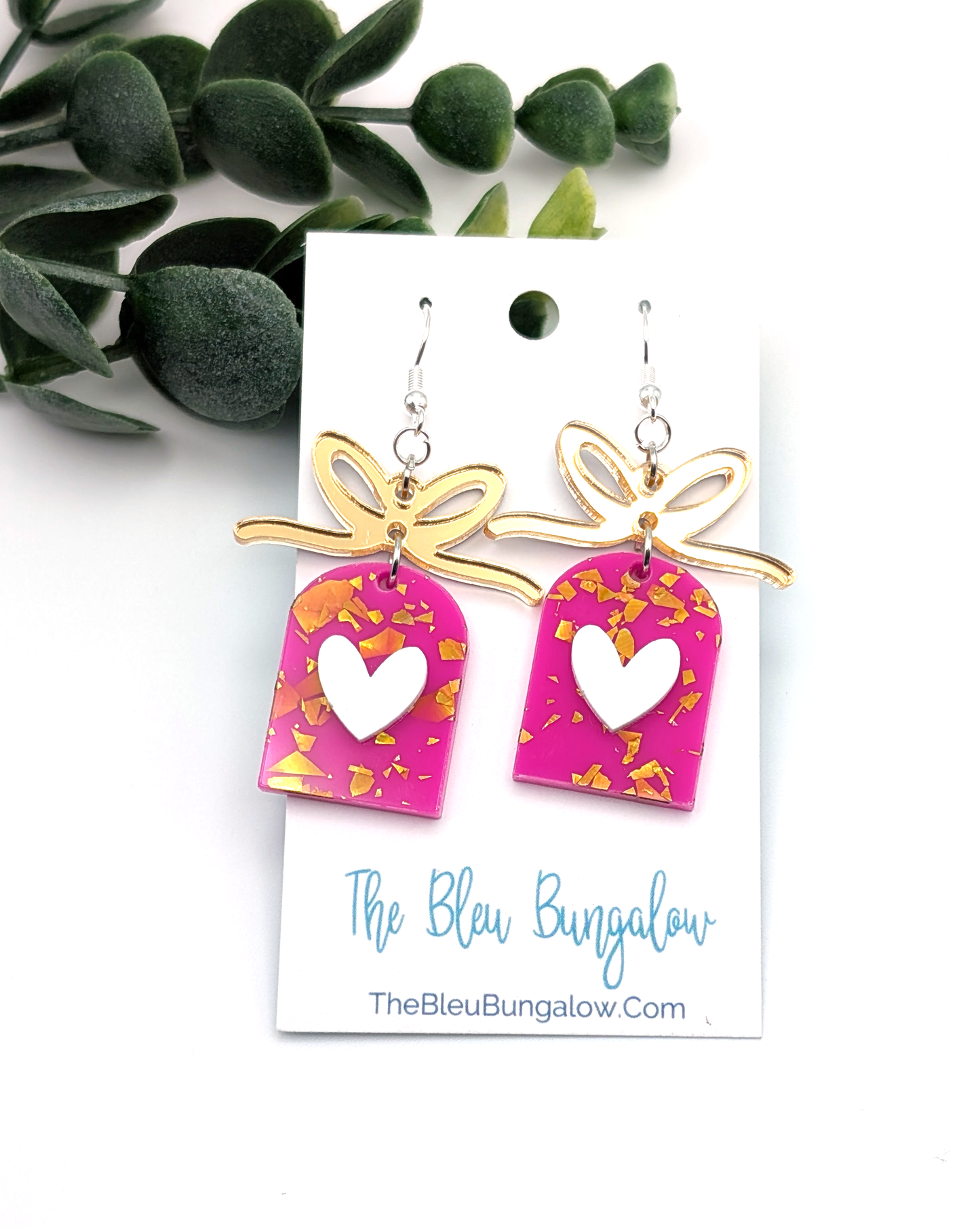 Hot Pink Arched Heart + Bow Valentine's Day Earrings