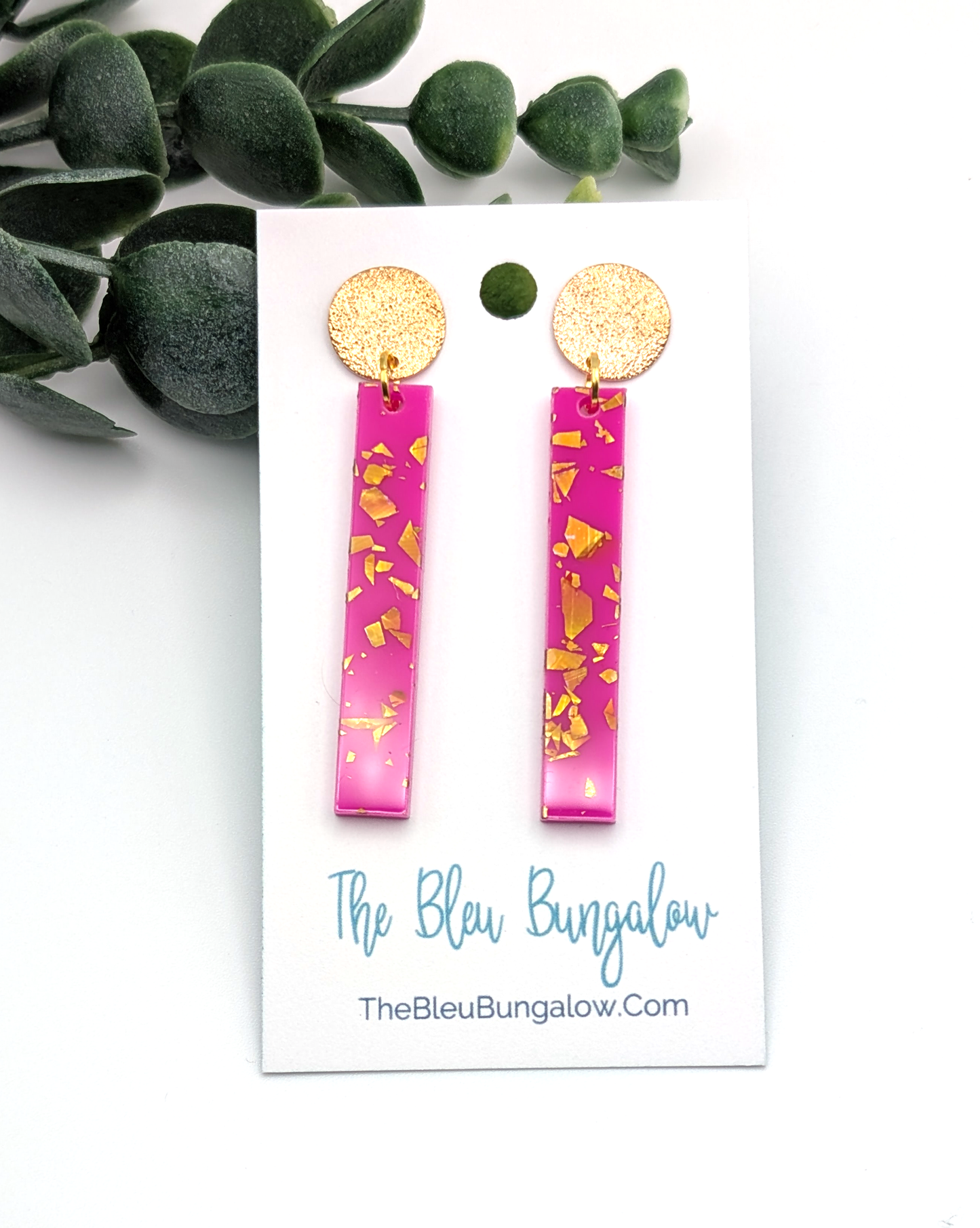 Hot Pink + Gold Flake Bar Earrings