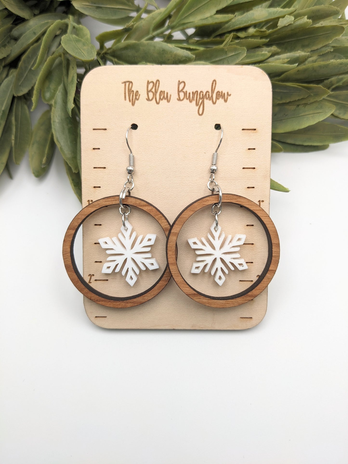 Wooden Round + Acrylic Snowflake Hoops