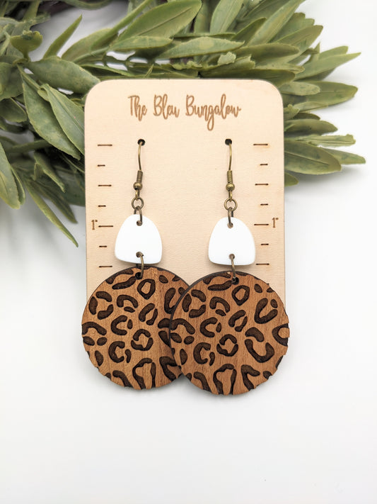 Wooden Tiered Leopard Print Earrings with Acrylic Accent