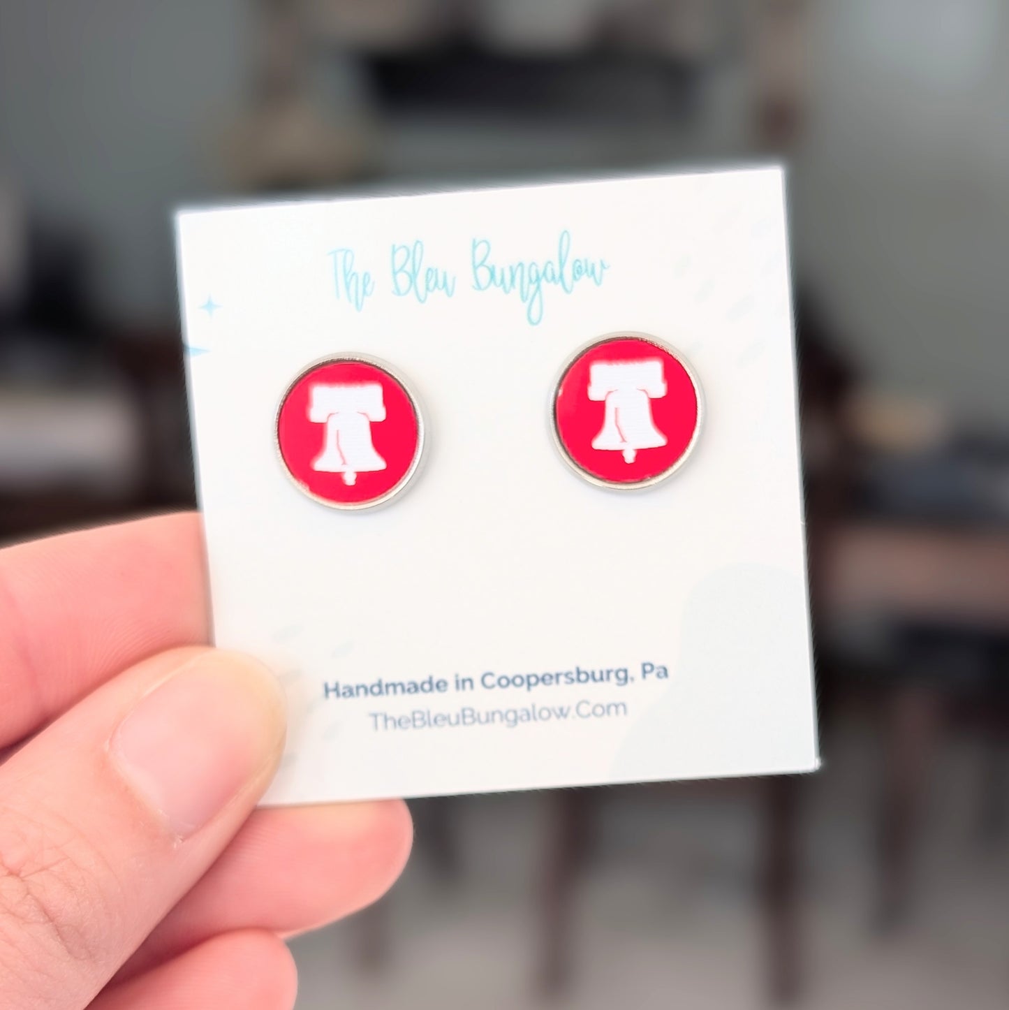 Liberty Bell Red and White Engraved Acrylic Stud Earrings