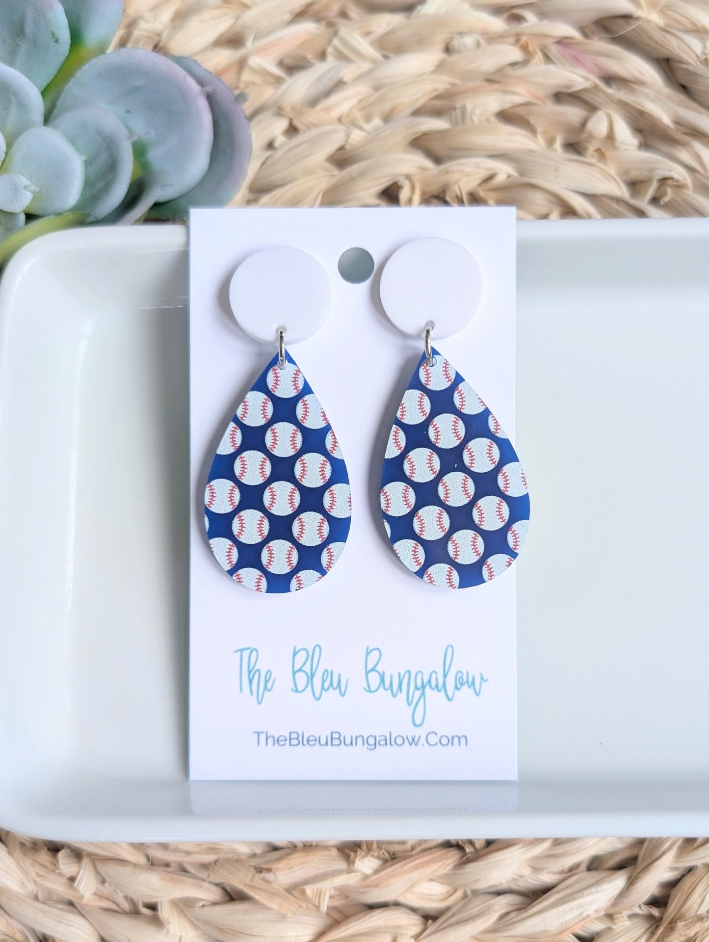 Baseballs on Blue Teardrop Acrylic Earrings