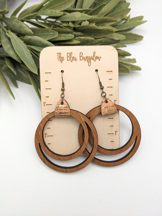 Double Wooden Hoop Earrings with Cork Accent