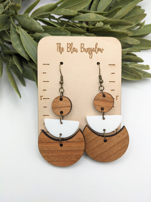 Wooden Moon Tiered Earrings with Acrylic Accent