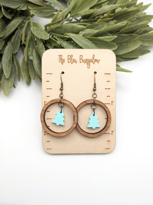 Wooden Round + Acrylic Christmas Tree Hoops