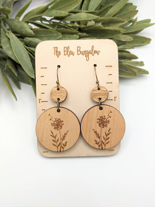 Wooden Dandelion Tiered Earrings