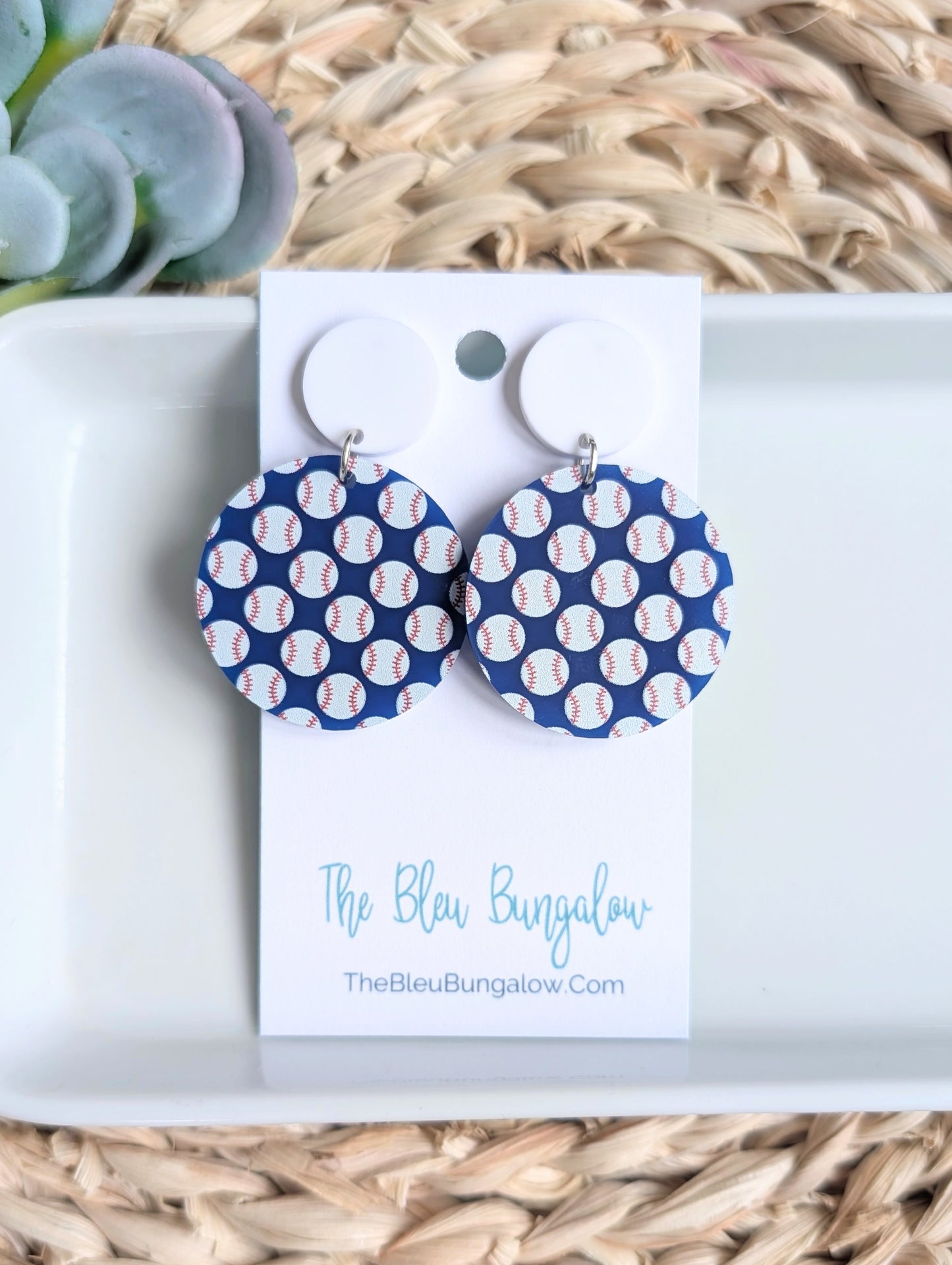 Baseball Print Round Acrylic Earrings