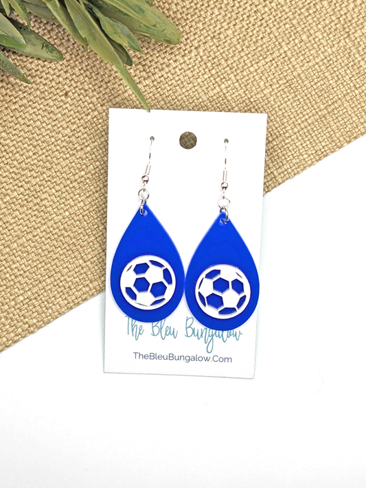 Blue and White Layered Soccer Teardrop Earrings