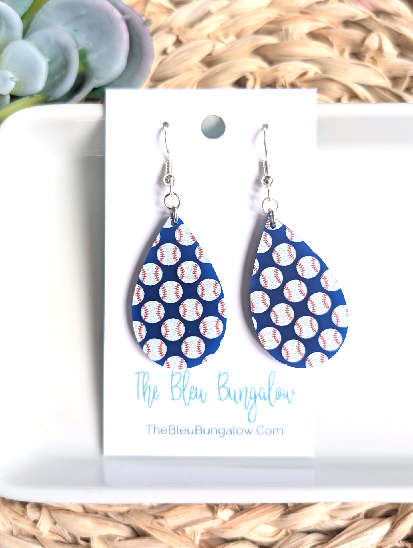Baseballs on Blue Teardrop Acrylic Earrings