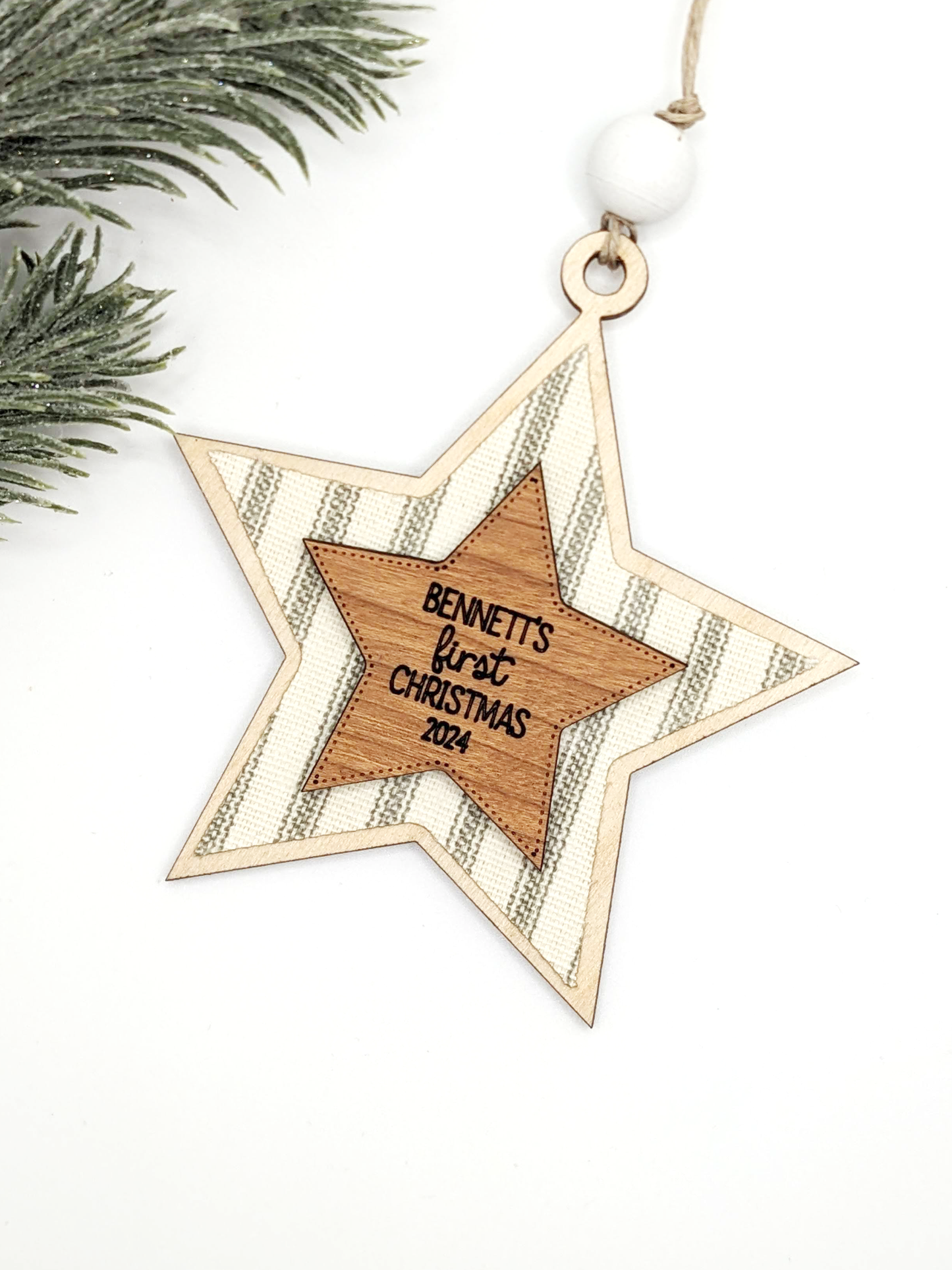 Baby's First Christmas Ticking Stripe Wooden Star Ornament