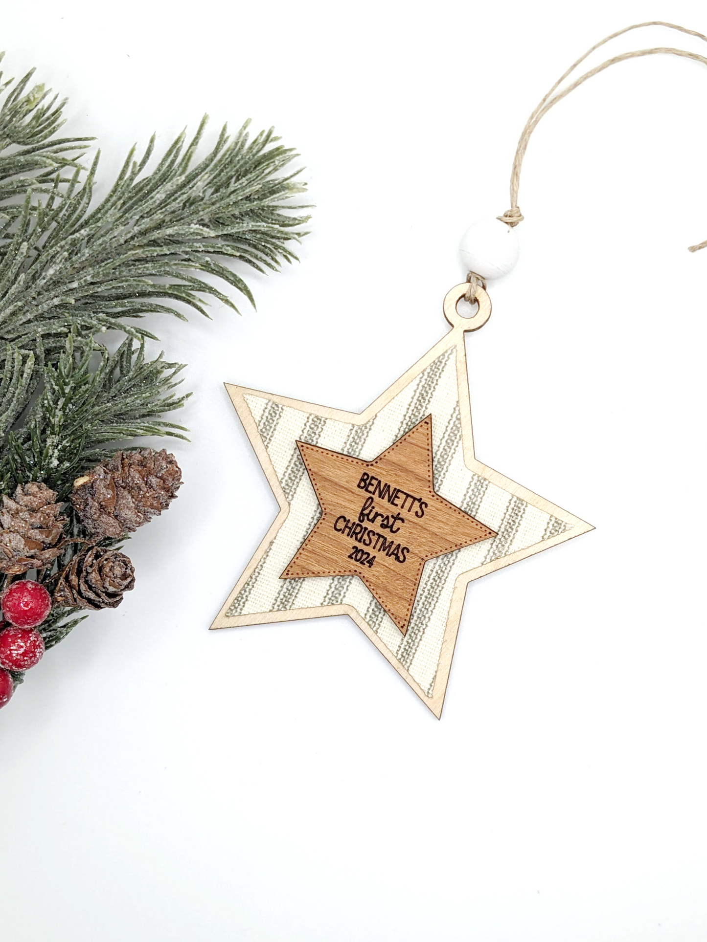 Baby's First Christmas Ticking Stripe Wooden Star Ornament