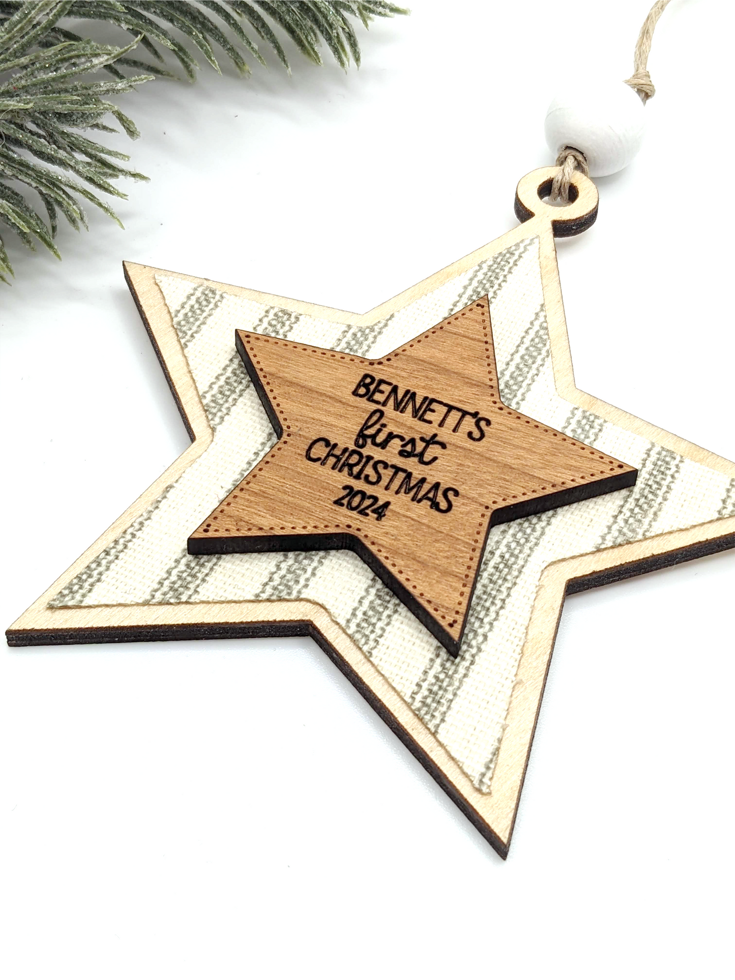 Baby's First Christmas Ticking Stripe Wooden Star Ornament