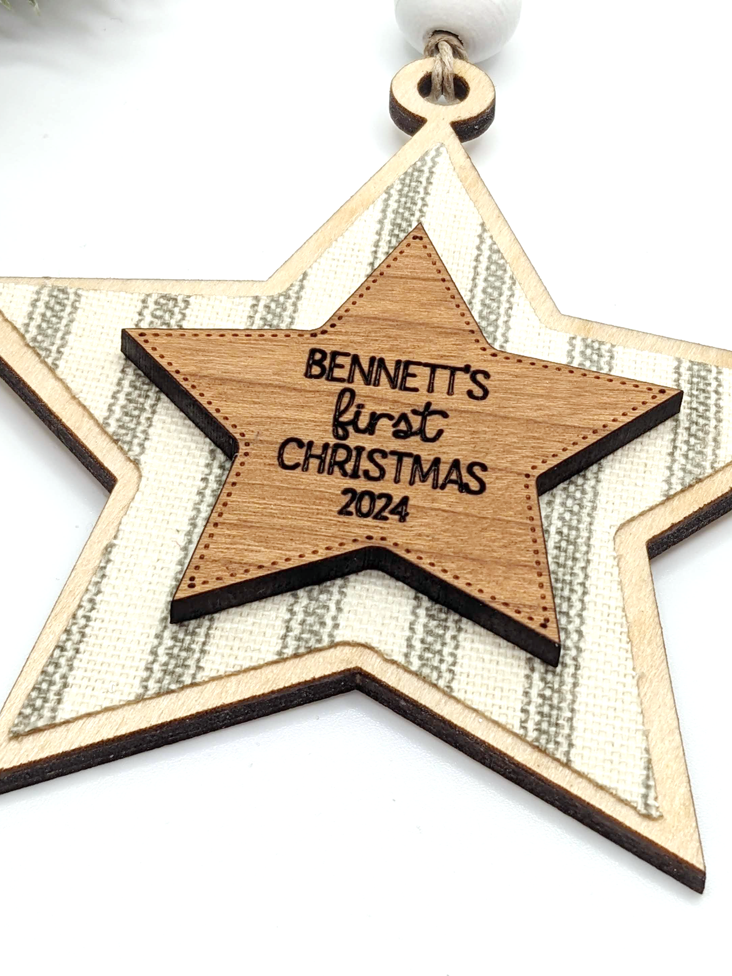 Baby's First Christmas Ticking Stripe Wooden Star Ornament