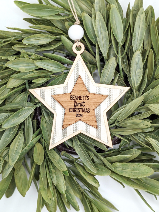 Baby's First Christmas Ticking Stripe Wooden Star Ornament