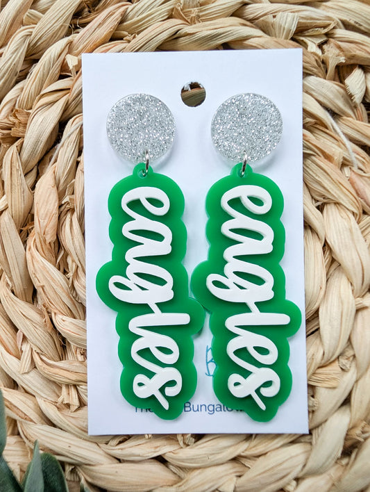 Green and White Eagles Acrylic Statement Earrings
