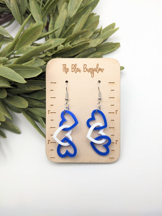 Blue and White Linked Heart Earrings