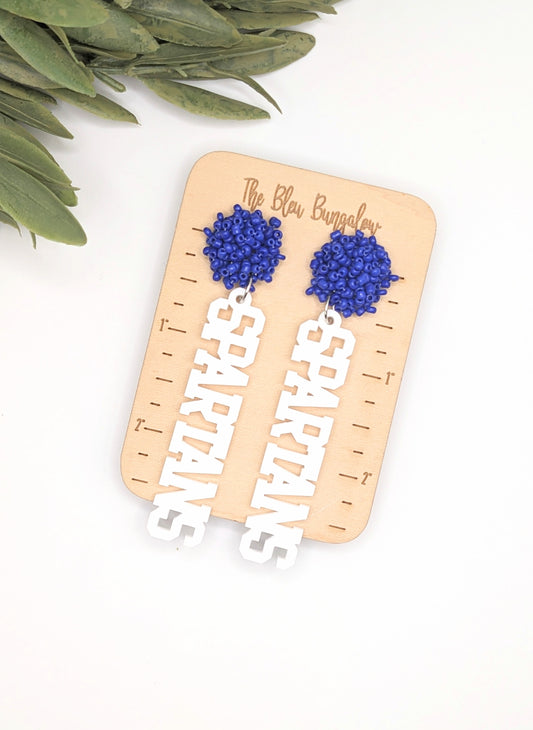 Blue Pom Pom Spartan Statement Earrings