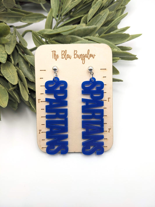 Spartan Earrings: Blue Acrylic Letters