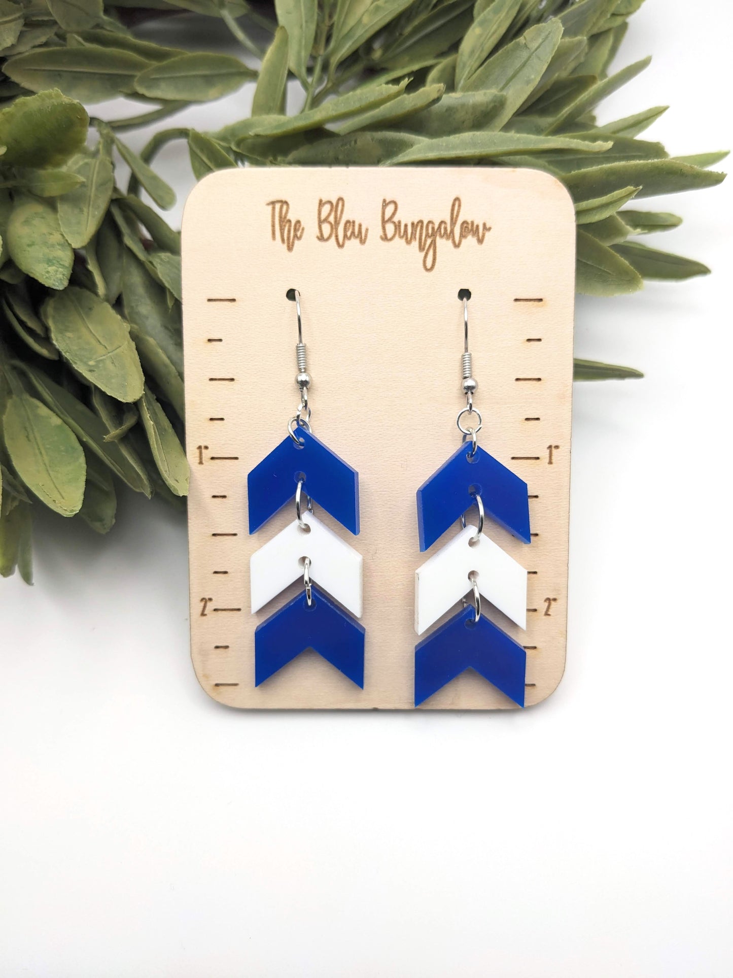 Chevron Dangle Earrings - Blue and White