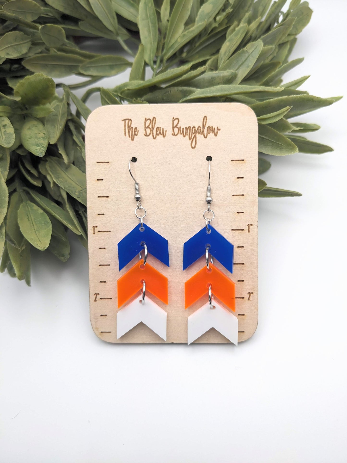 Chevron Dangle Earrings - Blue, Orange & White