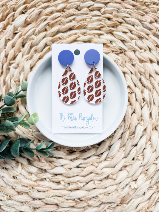Football Print On Clear Earrings With Blue Stud Topper