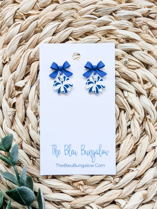 Mini Blue and White Pom Pom Earrings w/ Bow Stud