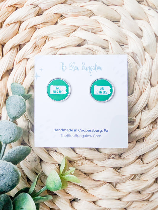 Go Birds PA Green and White Stud Earrings