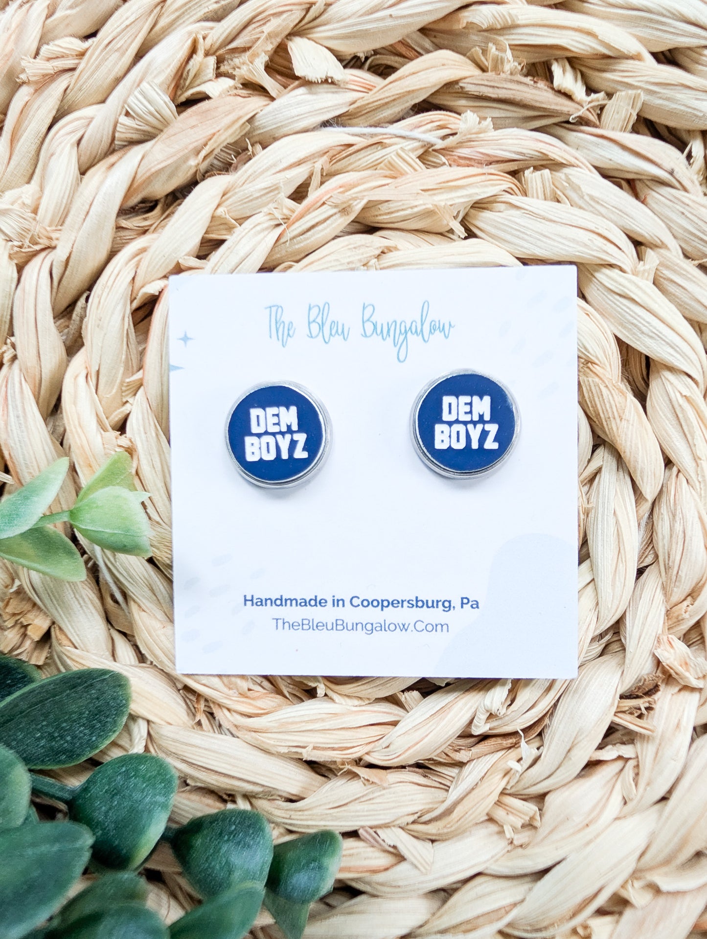 Dem Boyz Navy and White Earrings: Dallas Football Fan Gift (12mm Engraved Acrylic Studs)