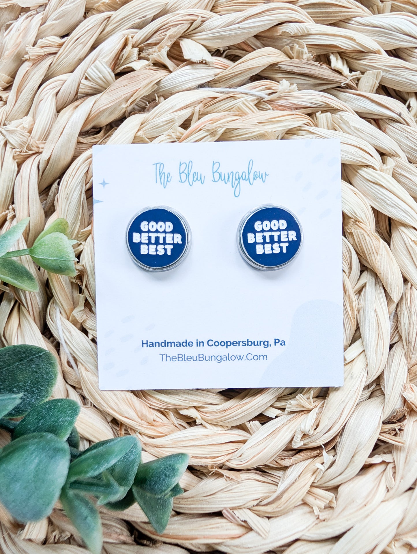 Good Better Best Navy and White Earrings: Chicago Football Fan Gift (12mm Engraved Acrylic Studs)