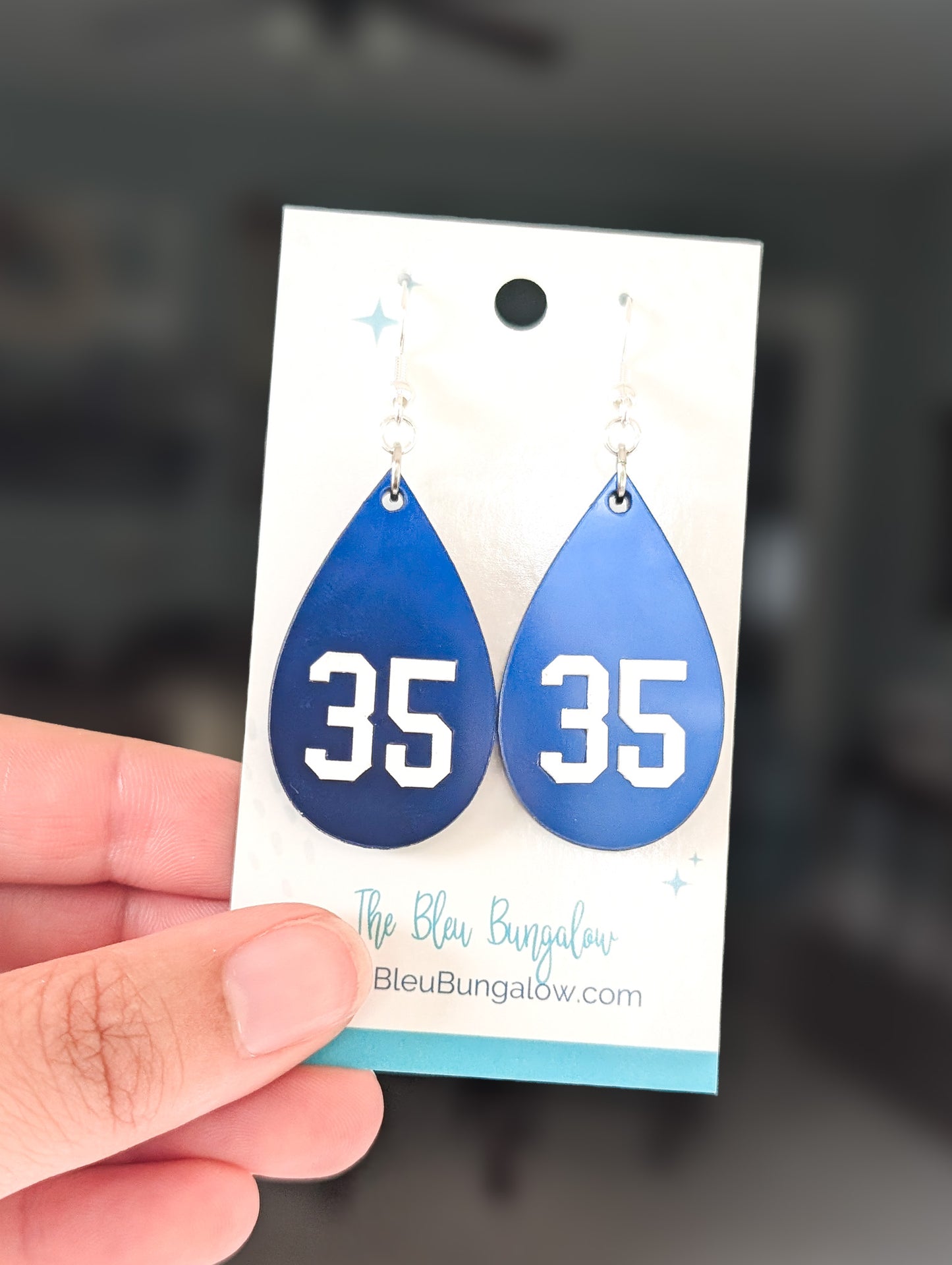 Custom Teardrop Jersey Number Earrings (Metallic Blue)